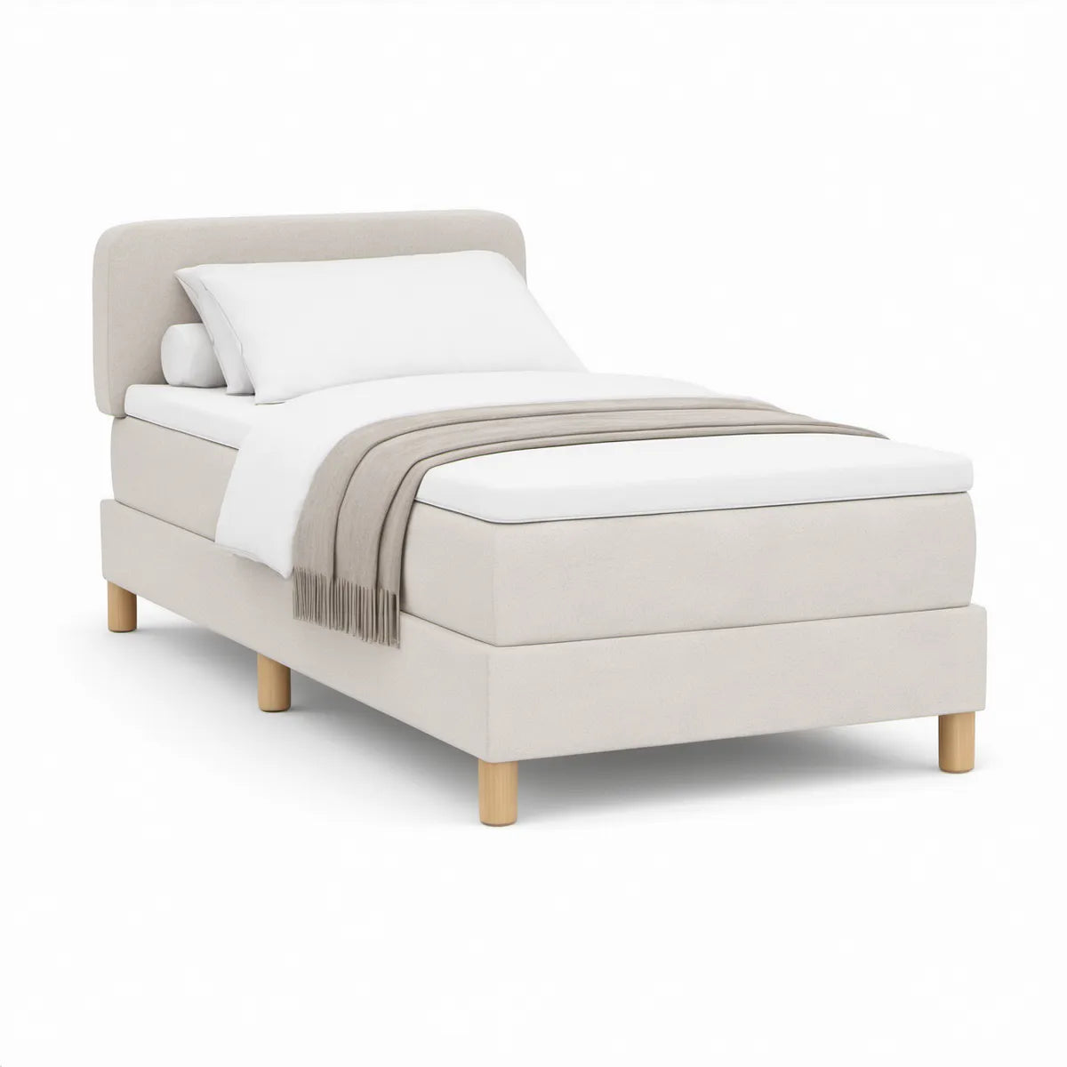 Cama Individual Estofada Bege 90 x 200 cm com Pés em Madeira de Pinho