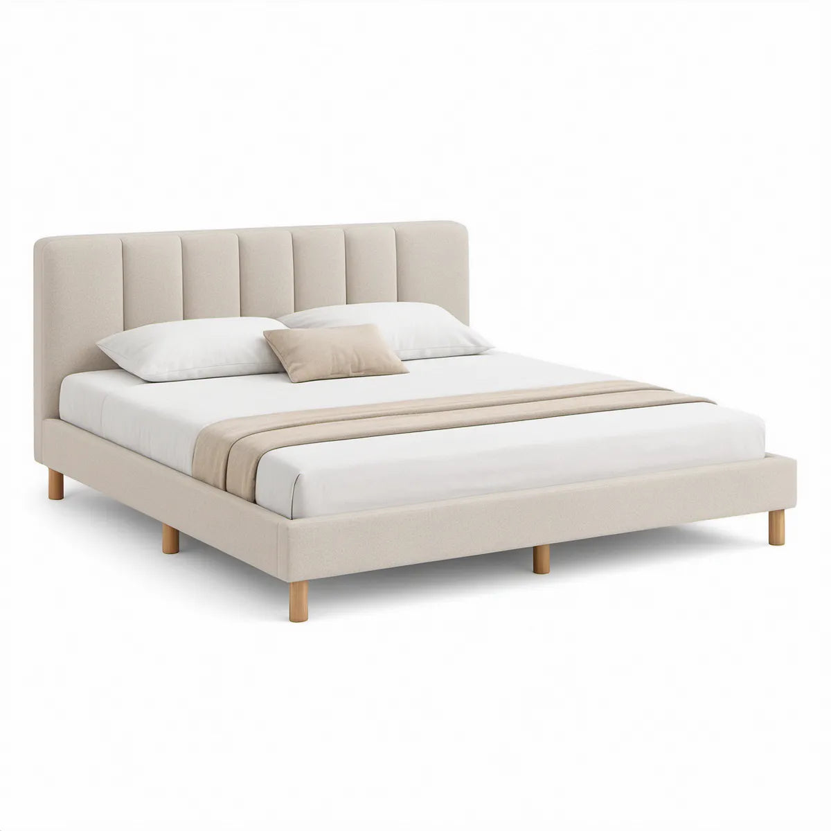 Cama de Casal 160 x 200 cm em Poliéster Bege com Cabeceira Estofada e Pés Castanho-Claro