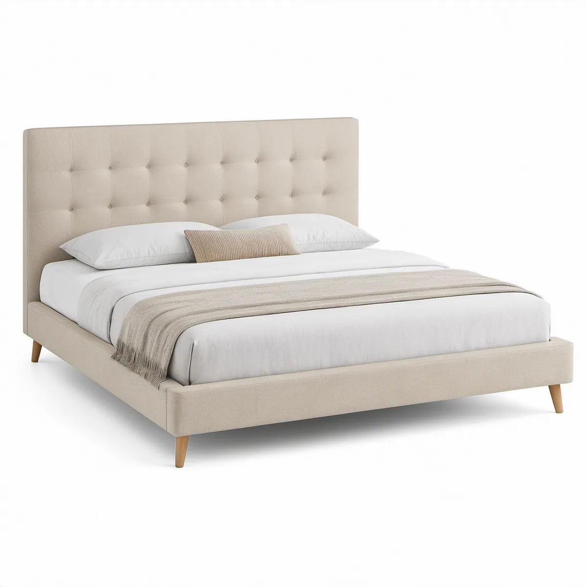 Cama de Casal Estofada Bege 160 x 200 cm com Cabeceira Capitonê e Pés em Madeira Natural