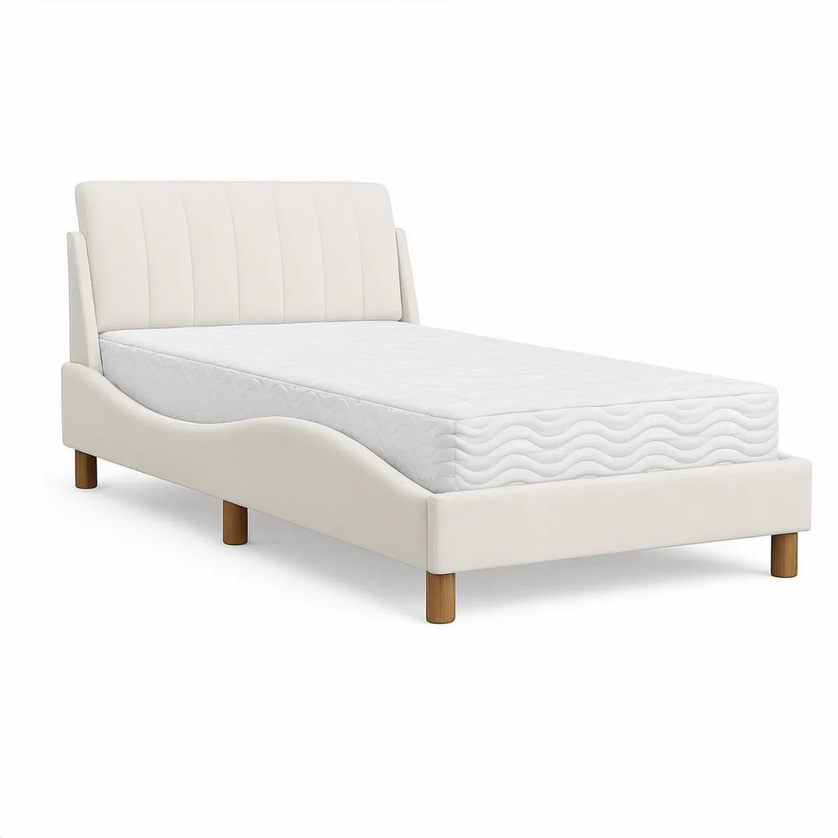 Cama Estofada em PU Branco com Colchão, 140 x 200 cm