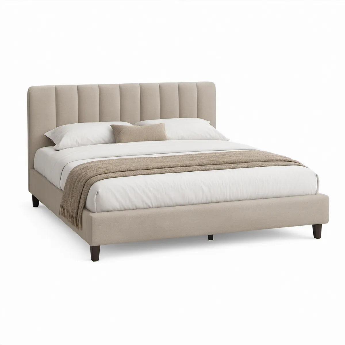 Cama de Casal Estofada Bege com Cabeceira Acolchoada para Colchão 160 x 200 cm