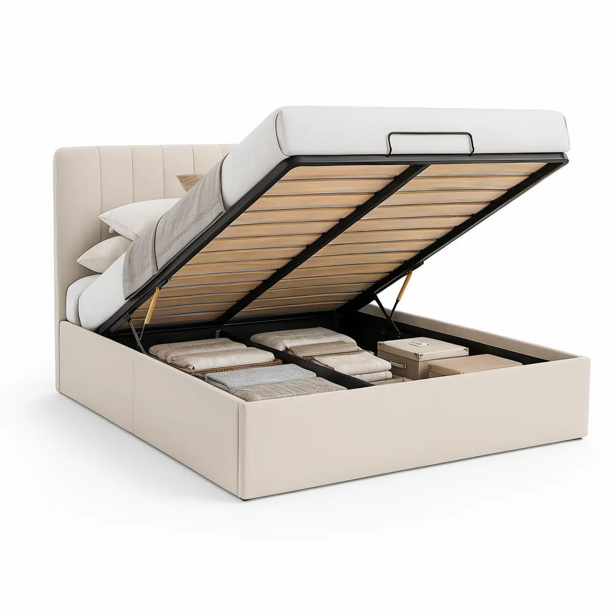 Cama de Casal com Arrumação Elevatória 160 x 200 cm em Pele Sintética PU Bege-claro