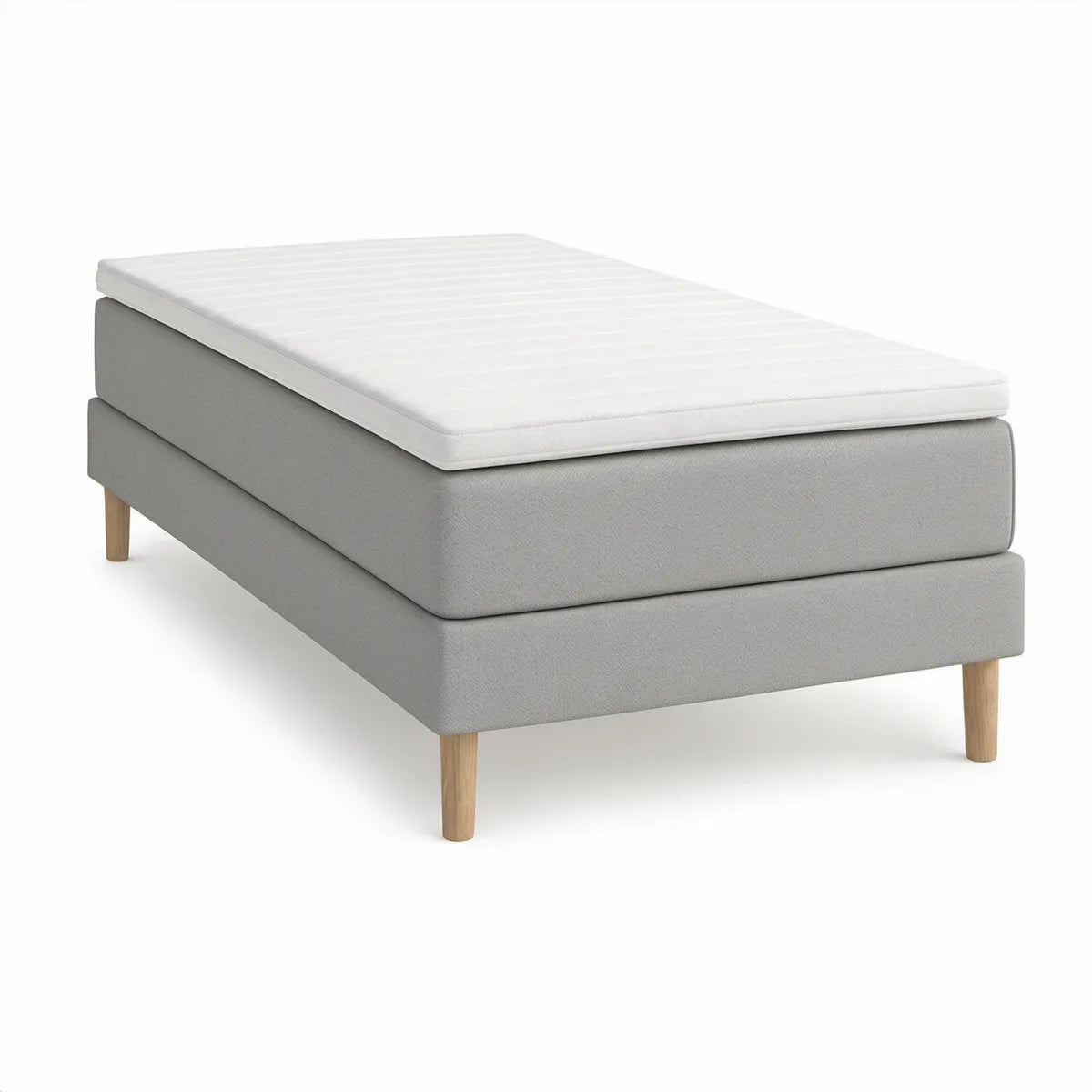 Cama box individual 90 x 200 cm em poliéster cinzento-claro com colchão de espuma e pés de pinho