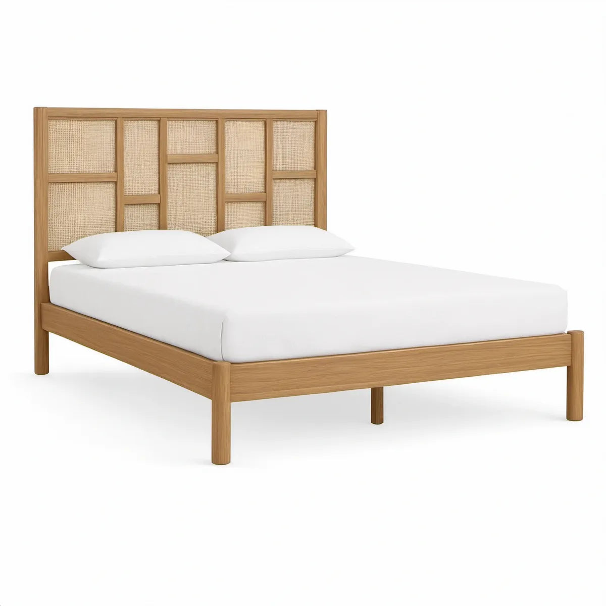 Cama de Casal 160 x 200 cm em Madeira Maciça e Vime Natural, Castanho Natural e Bege Natural