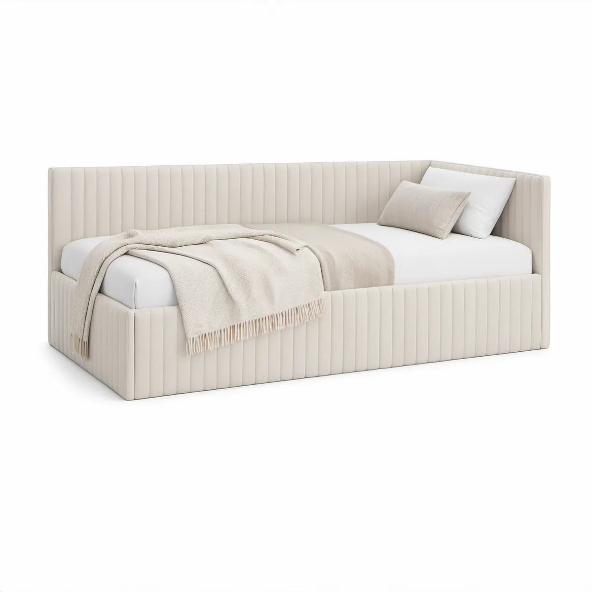 Cama de Solteiro Estofada em Poliéster Marfim 90 x 200 cm