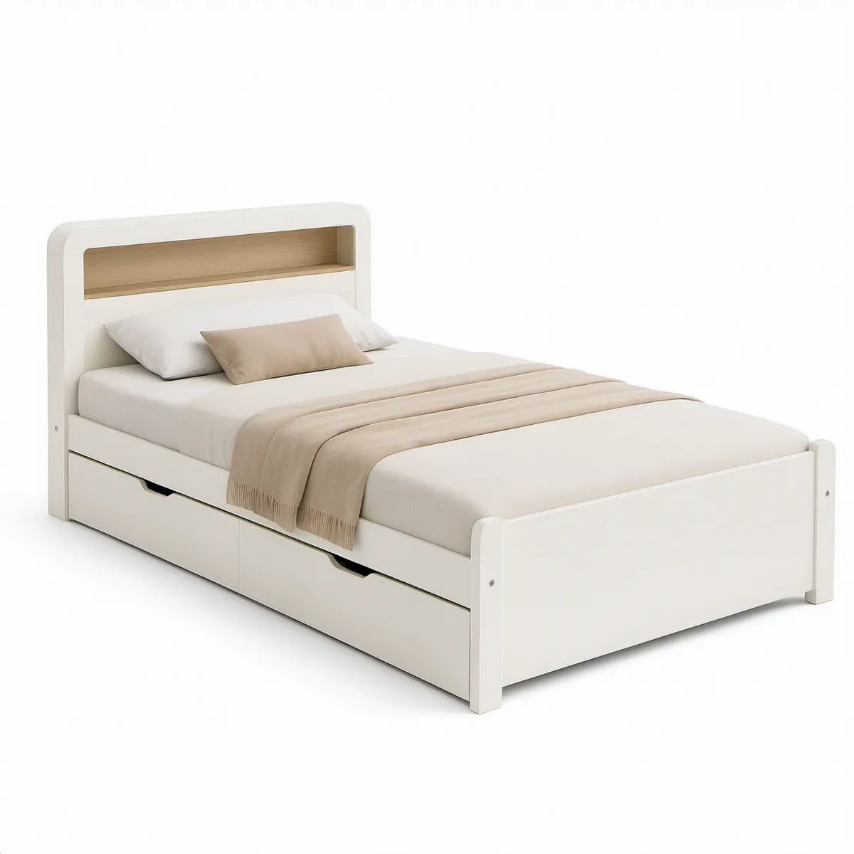 Cama de Casal Branca e Carvalho Claro com 2 Gavetas e Cabeceira com Nicho, 160 x 200 cm