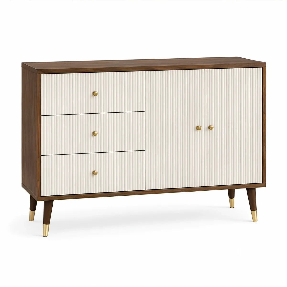 Aparador Retangular em MDF Nogueira, Branco e Dourado com 3 Gavetas e 2 Portas, 120 x 40 x 85 cm