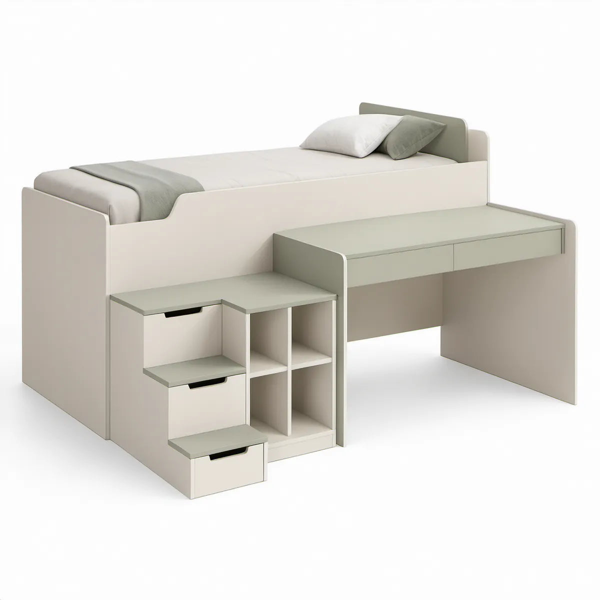 Cama alta infantil com secretária, escada com gavetas e arrumação Branco e Verde-sálvia para colchão 90 x 200 cm