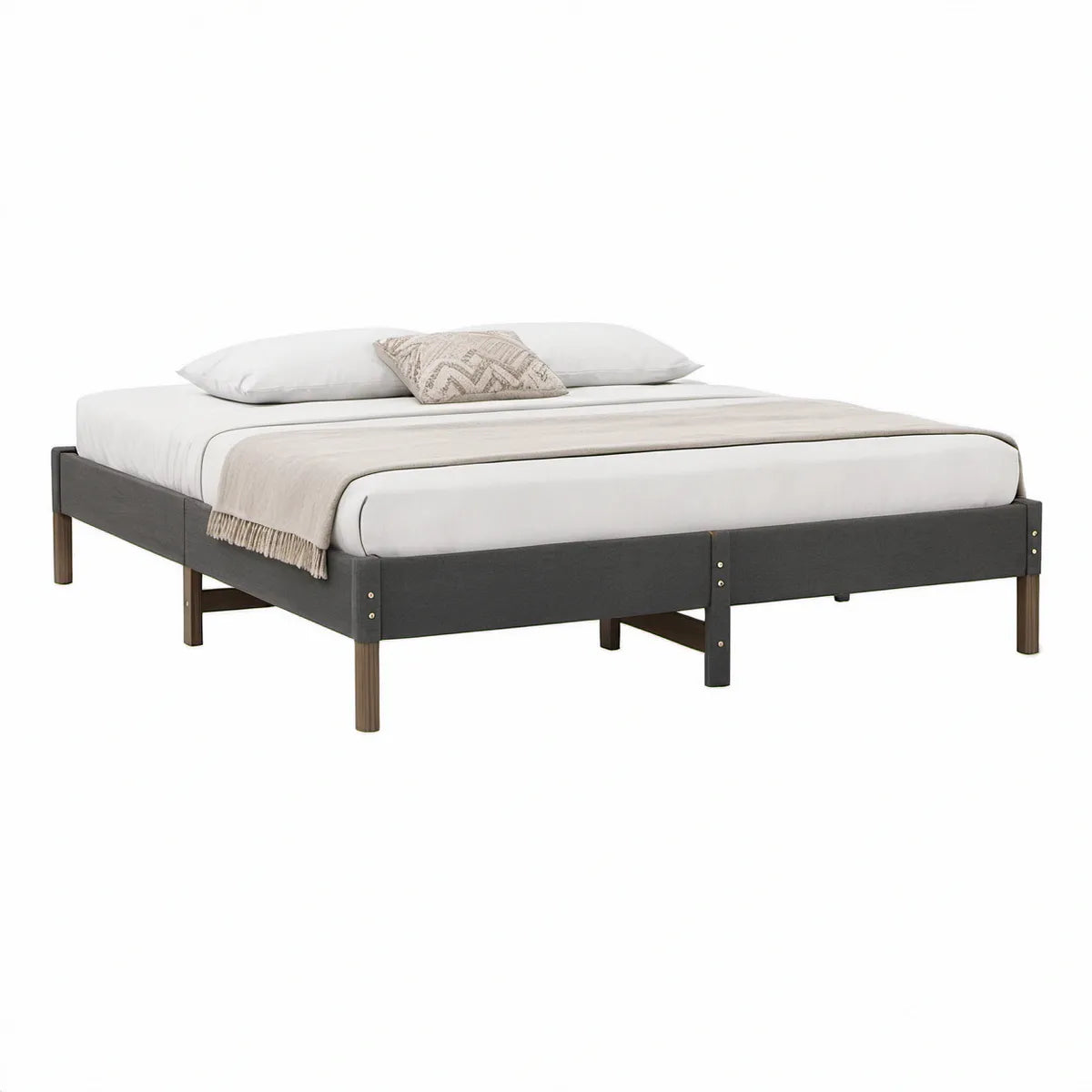 Cama de Casal de Plataforma 160 x 200 cm em Madeira Maciça e Poliéster Preto e Castanho-Escuro