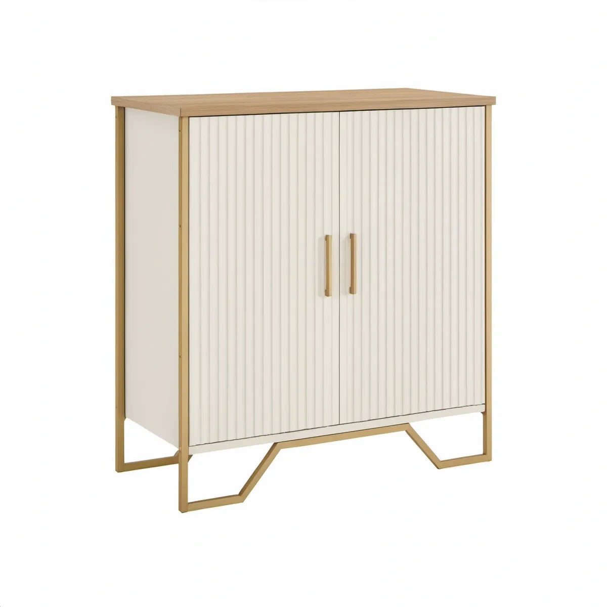 Aparador de 2 Portas em MDF Canelado Branco, Carvalho Claro e Dourado, 100 x 40 x 110 cm