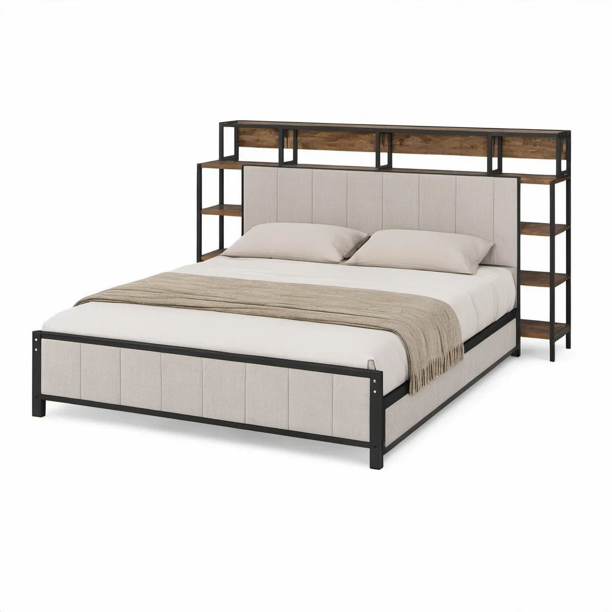 Cama de Casal 160 x 200 cm com Cabeceira Estofada e Prateleiras Castanho Bege Preto