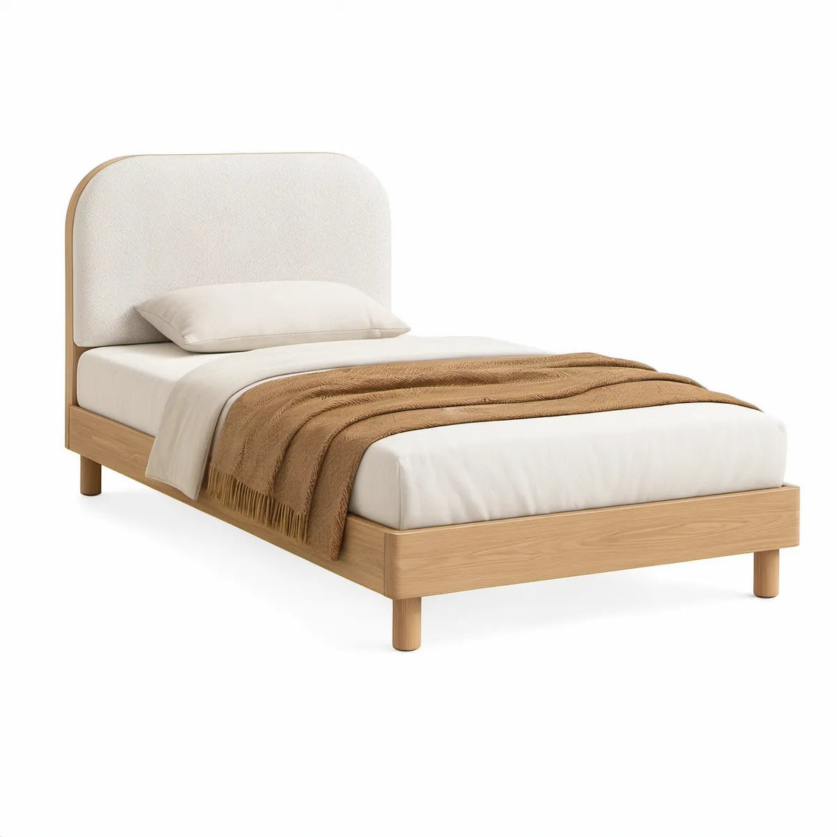 Cama de Solteiro 90 x 190 cm com Cabeceira Estofada Arredondada em Bege e Estrutura Carvalho Claro