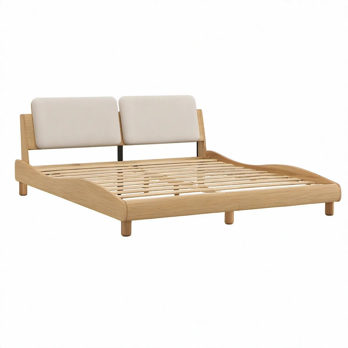 Cama de Casal 160 x 200 cm em Carvalho com Cabeceira Estofada Bege